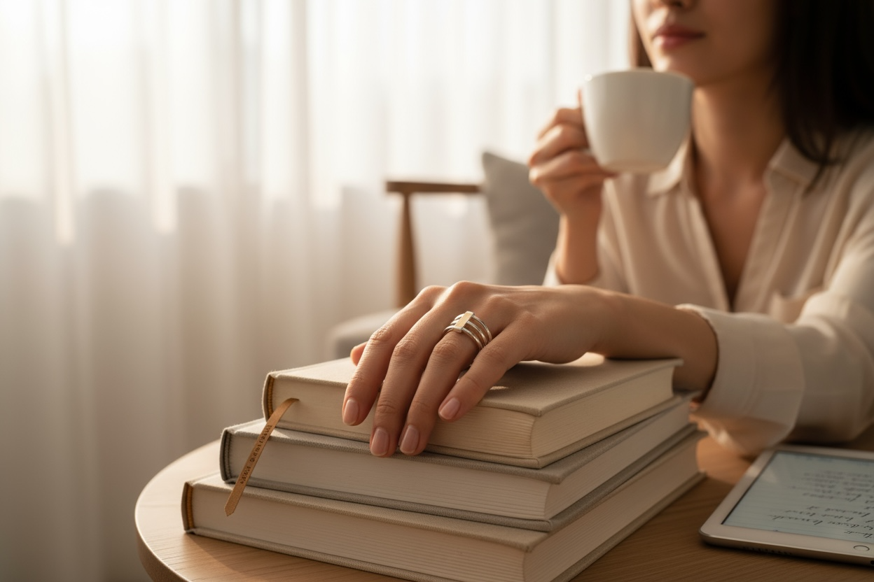 Person holding a cup with a stack of books on a table, blurred background, wearing contemporary silver ring with triple aspect